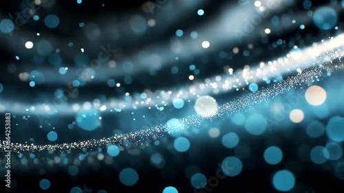 Flowing waves of blue and white shimmering particles against dark background