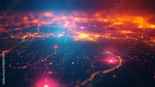 Digital World: A vibrant, abstract digital landscape pulsates with life, illuminated by glowing lines, dots, and networks, creating a futuristic and interconnected atmosphere.