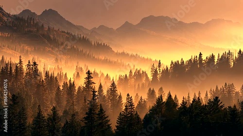 Golden light illuminates misty mountains and dense pine forest