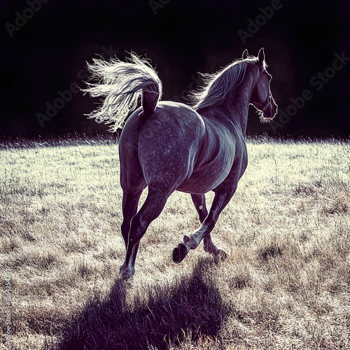 A majestic American Saddlebred in full parade tack, tail arched and legs prancing high, gliding across a show ring. Shot in 8K ultra high-resolution with hyperreal color depth and a shallow depth of f