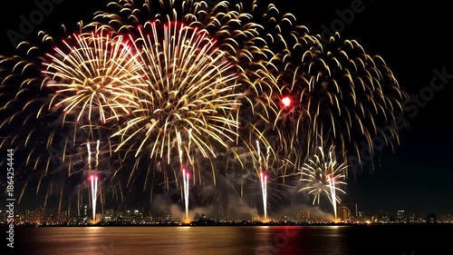 Colorful explosions light up a dark night sky over a city skyline