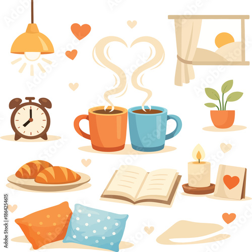 Cozy Morning Routine Icon Set with Coffee Mugs and Home Decor