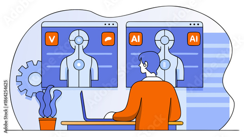 Professional working with AI technology on modern computer setup