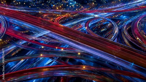 Abstract network of glowing red and blue light trails