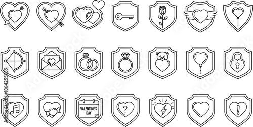Collection of various shield icons with symbols and objects