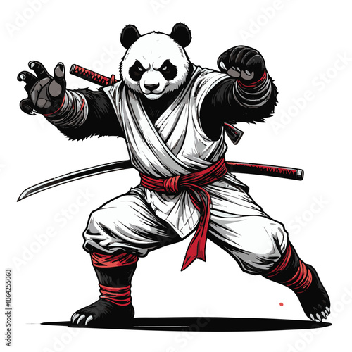 A panda bear dressed in a white karate gi with red accents and wielding a sword in a fighting stance