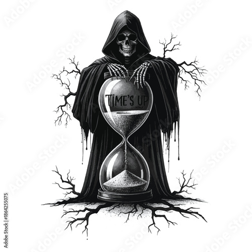 Grim reaper standing with an hourglass on isolated with bare tree branches