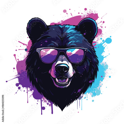 A colorful illustration of a bear wearing sunglasses on a vibrant purple and blue paint splatter background
