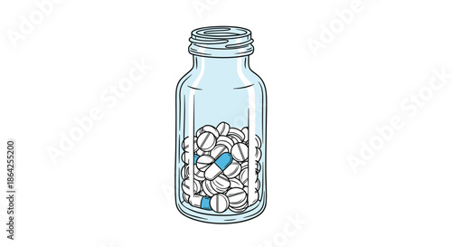 Glass prescription bottle filled with various white pills and blue capsules in a hand-drawn sketch style for medical concepts.