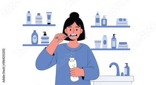 Young woman in pajamas brushing her teeth in the morning as part of her daily dental hygiene routine in a bathroom illustration.
