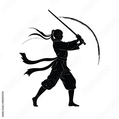 Black silhouette of a samurai warrior holding a sword with motion lines