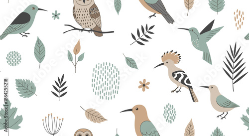 Seamless folk art pattern with various birds like owls and hummingbirds among leaves and branches in a simple Scandinavian style.
