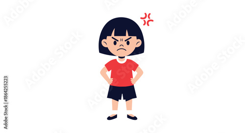 Angry little girl with short black hair standing with her hands on her hips and a furious expression on her white background.