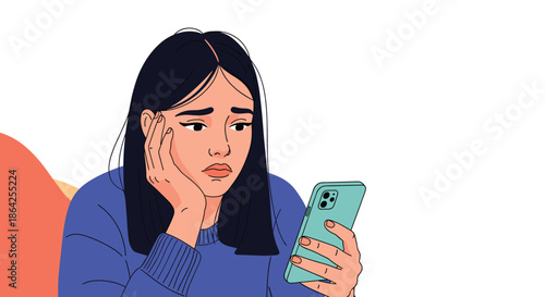 Sad and worried young woman looking at her smartphone screen with an anxious expression while holding her head in her hand.