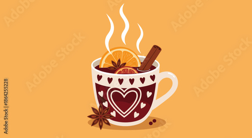 Steaming mug of hot mulled wine with an orange slice a cinnamon stick and star anise for a cozy winter Christmas beverage.