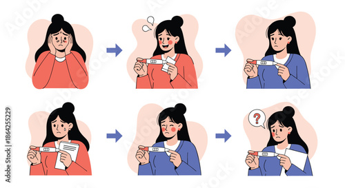 Set of illustrations showing a woman's different emotional reactions to the results of a home pregnancy test from hope to joy.