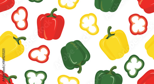 Seamless pattern of fresh red yellow and green bell peppers with sliced pieces for a healthy food or vegetable background.