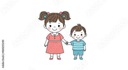 Cute cartoon illustration of a smiling older sister with pigtails holding hands with her happy younger brother on a white background.