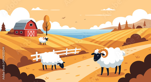 Scenic rural landscape with sheep grazing in a field a red barn on a hill and the sea in the background during a golden sunset.