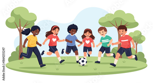 Happy and diverse group of children playing soccer together in a green park on a sunny day for a fun outdoor activity concept.