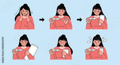 A series of illustrations showing a woman's emotional journey with a pregnancy test from anxiety and hope to sadness and joy.