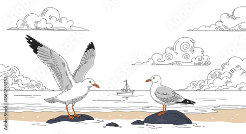 Two seagulls on a sandy beach by the sea with a small fishing boat in the distance in a black and white sketch illustration.