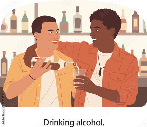 Two friends pouring and drinking alcohol 