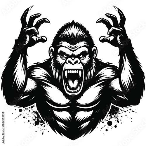 A black and white illustration of a gorilla with its mouth open and hands raised in a threatening posture