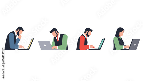 Four focused individuals, three men and one woman, are deeply immersed in their work on laptops, depicting a common scene of mobile productivity and digital engagement in a modern workspace.