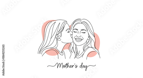 A daughter kisses her happy mother on the cheek in a beautiful minimalist line art drawing for a Mother's Day greeting card.