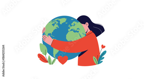 Caring woman hugging the planet Earth with love and compassion for an Earth Day or environmental protection and conservation concept.