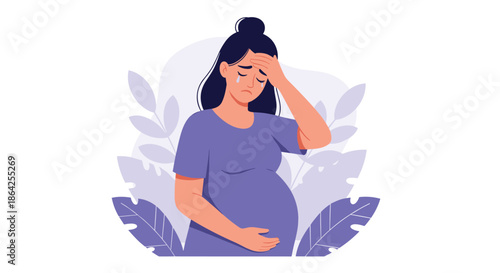 Unhappy pregnant woman crying and holding her head and belly experiencing stress anxiety or prenatal depression during pregnancy.