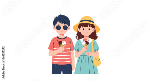 Cute cartoon boy and girl couple dressed for summer enjoying delicious ice cream cones together on a clean white background.