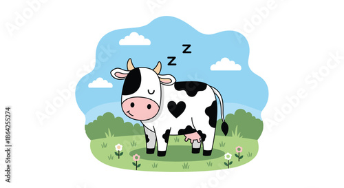 A cute cartoon cow with a heart-shaped spot sleeping peacefully in a green meadow with flowers on a beautiful sunny day.