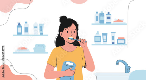 Young woman starting her day by brushing her teeth in front of a bathroom sink as part of her morning self-care routine.