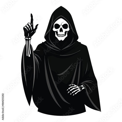 A grim reaper in a black hooded cloak pointing upwards with one hand