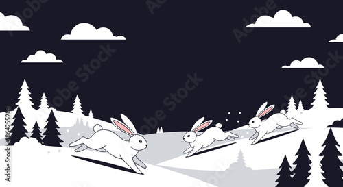 Three white rabbits running through a snowy forest landscape at night under a dark sky in a simple graphic illustration style.