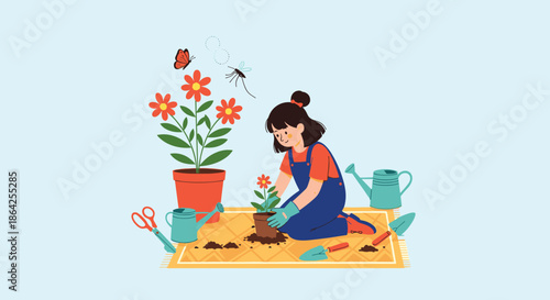 A young girl wearing gloves and overalls happily planting flowers in a pot as part of her gardening hobby with tools nearby.
