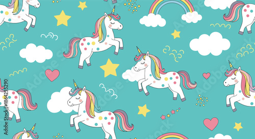 Seamless nursery pattern with cute unicorns rainbows clouds and stars on a turquoise background for a magical children's design.