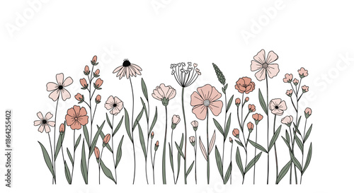 A beautiful arrangement of hand-drawn wildflowers and herbs in pastel pink and green colors on a clean white background.
