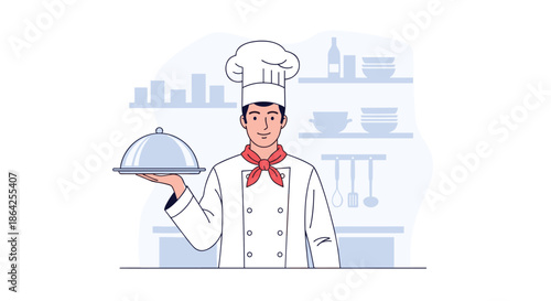 A smiling male chef in a professional white uniform and toque hat holding a covered silver serving platter in a restaurant kitchen.