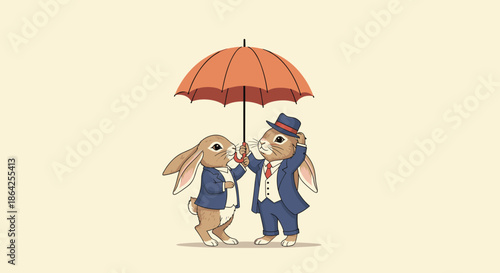 Two cute vintage-style rabbits dressed as gentlemen in suits and hats with one holding an orange umbrella over the other.