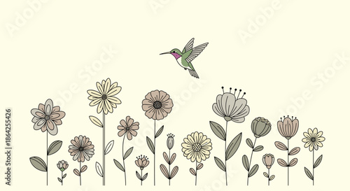 A beautiful small hummingbird hovers gracefully over a row of delicate stylized wildflowers on a pale yellow background.
