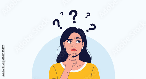 A pensive young woman with her hand on her chin is thinking deeply with multiple question marks floating above her head.