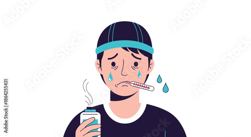 A sick young man with a sad expression has a high fever and is holding medicine while checking his temperature with a thermometer.