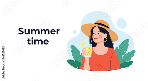 A happy young woman wearing a summer hat enjoys a refreshing glass of lemonade outdoors with the text summer time.