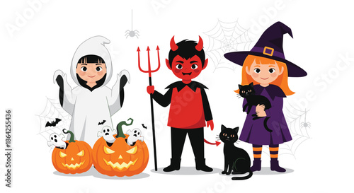Three cute children in Halloween costumes of a ghost a devil and a witch stand together with spooky jack-o-lanterns.
