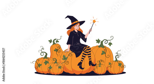 A beautiful young witch in a black hat and striped stockings sits on a large pumpkin holding a magic wand for Halloween.