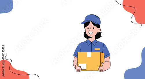 A smiling female delivery courier in a blue uniform and cap is holding a cardboard box package on an abstract background.
