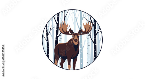 A majestic brown moose with large antlers stands proudly in a winter birch forest all contained within a circular frame.